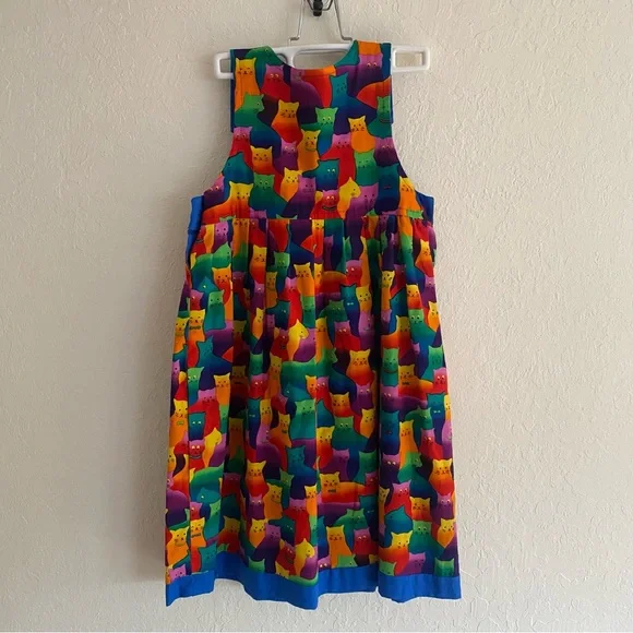 Vintage 90s handmade 100% cotton colorful rainbow cat print girl’s dress jumper - Picture 2 of 15